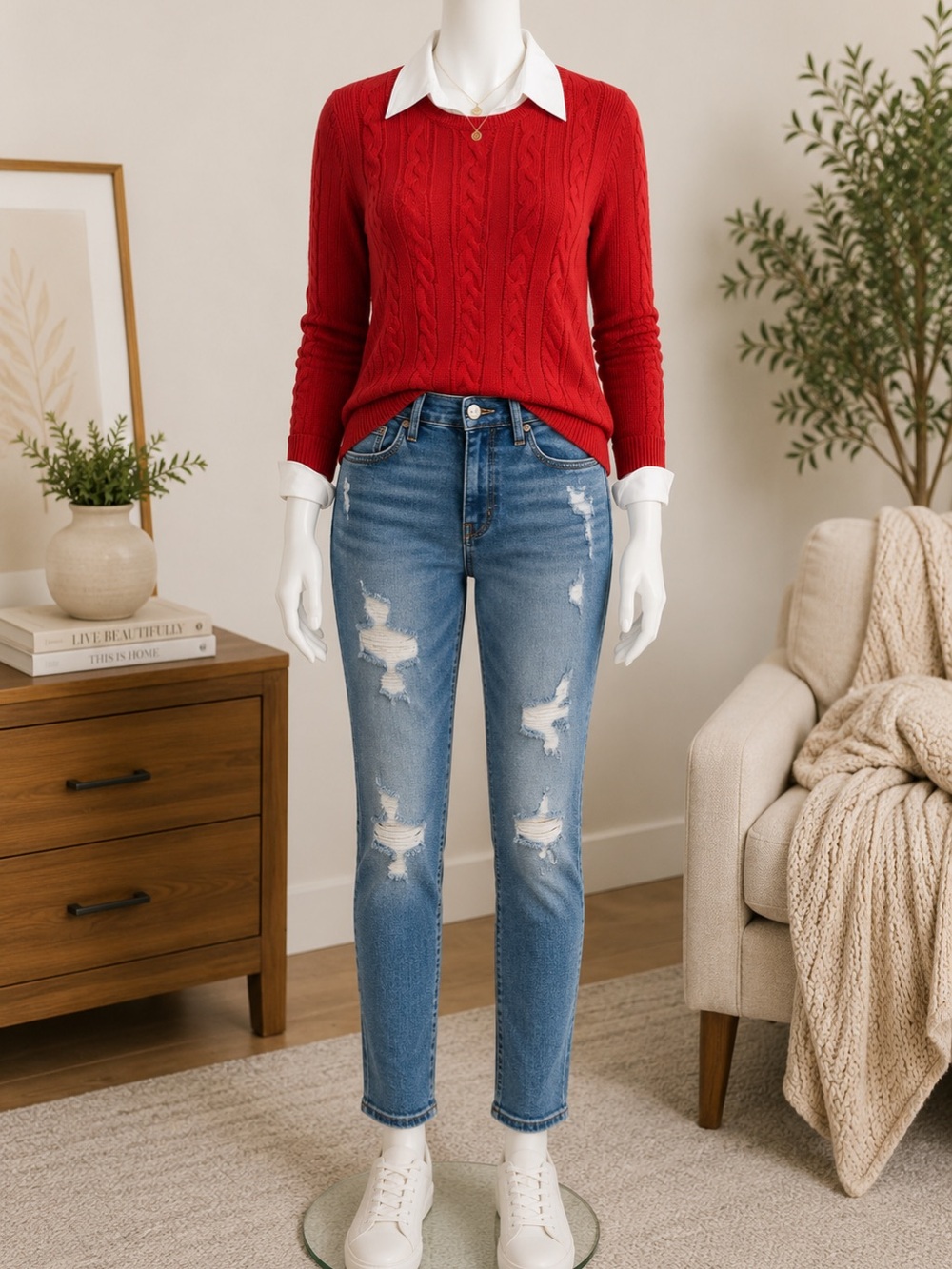 Women’s Red Cable Knit Sweater with Distressed Blue Jeans